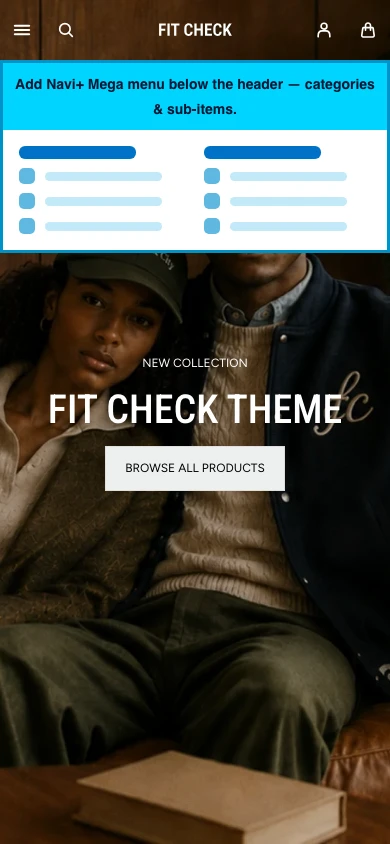 Navi+ mobile Mega Menu on the Fit Check Shopify theme Navi+ mobile Mega Menu on the Fit Check Shopify theme