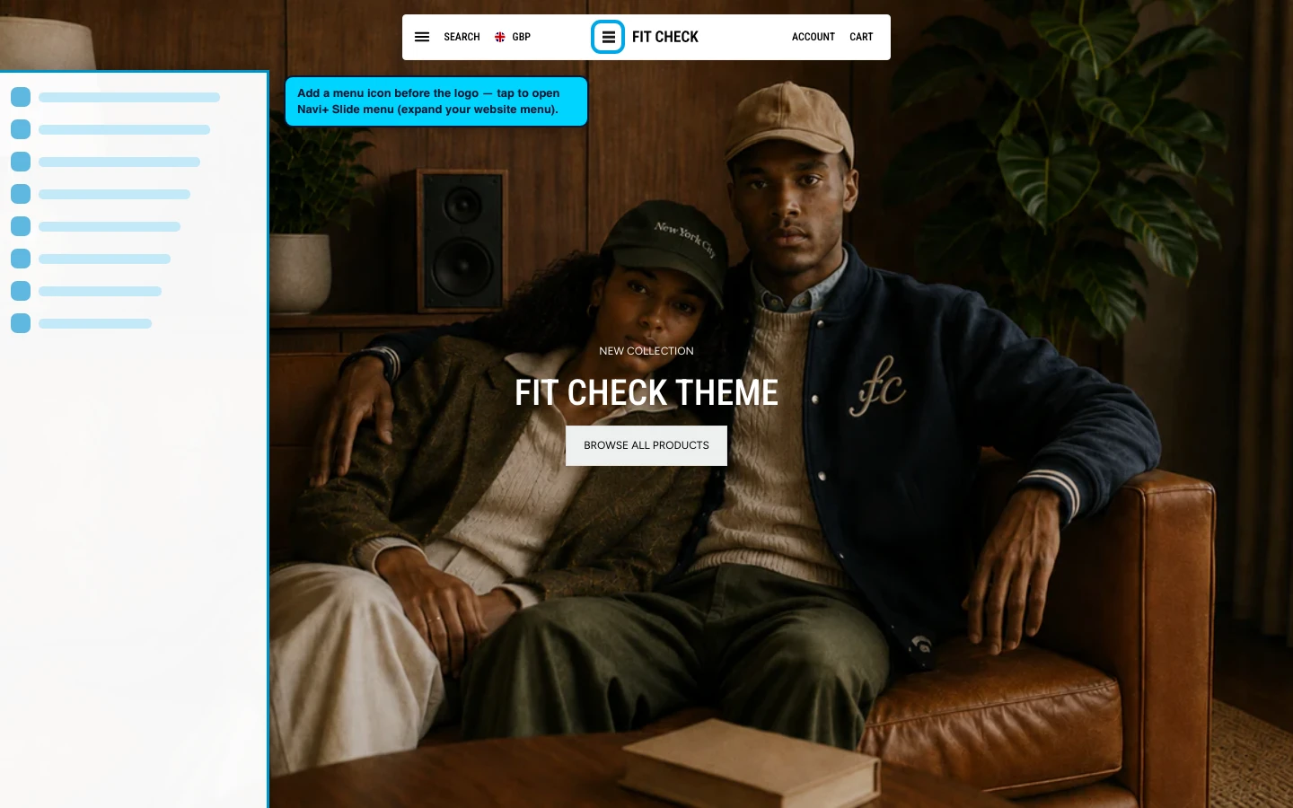 Navi+ trigger icon before the logo on the Fit Check Shopify theme Navi+ trigger icon before the logo on the Fit Check Shopify theme