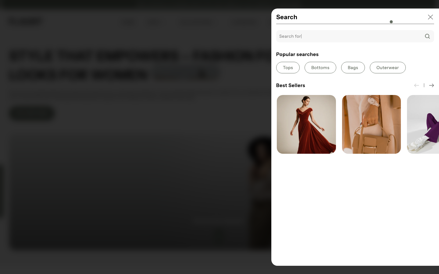 Search → panel opened — Navi+ on the Flaunt Shopify theme Search → panel opened — Navi+ on the Flaunt Shopify theme