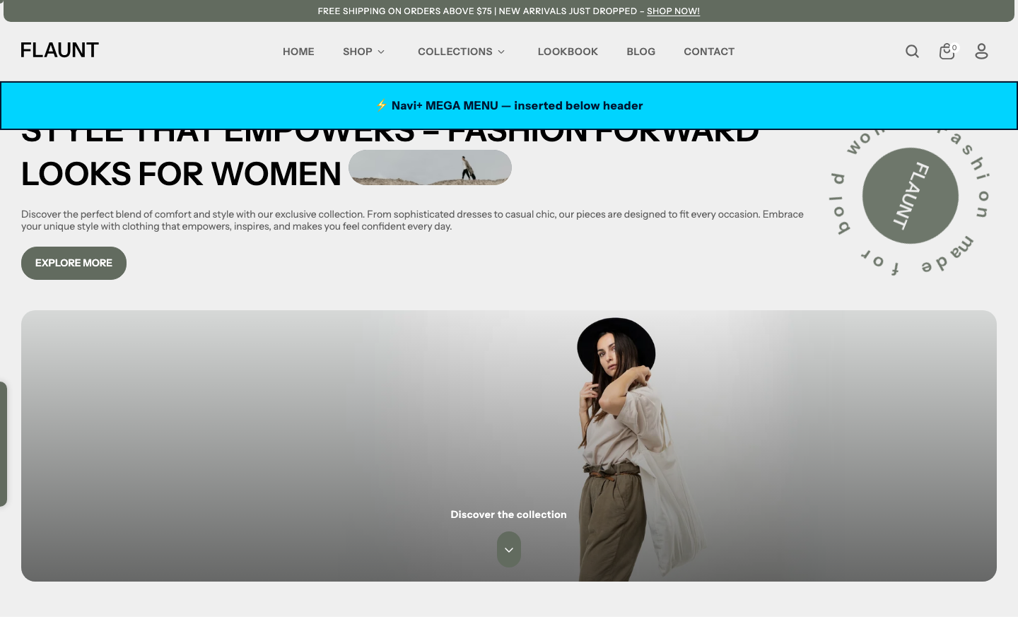 Menu inserted below header — Navi+ on the Flaunt Shopify theme Menu inserted below header — Navi+ on the Flaunt Shopify theme