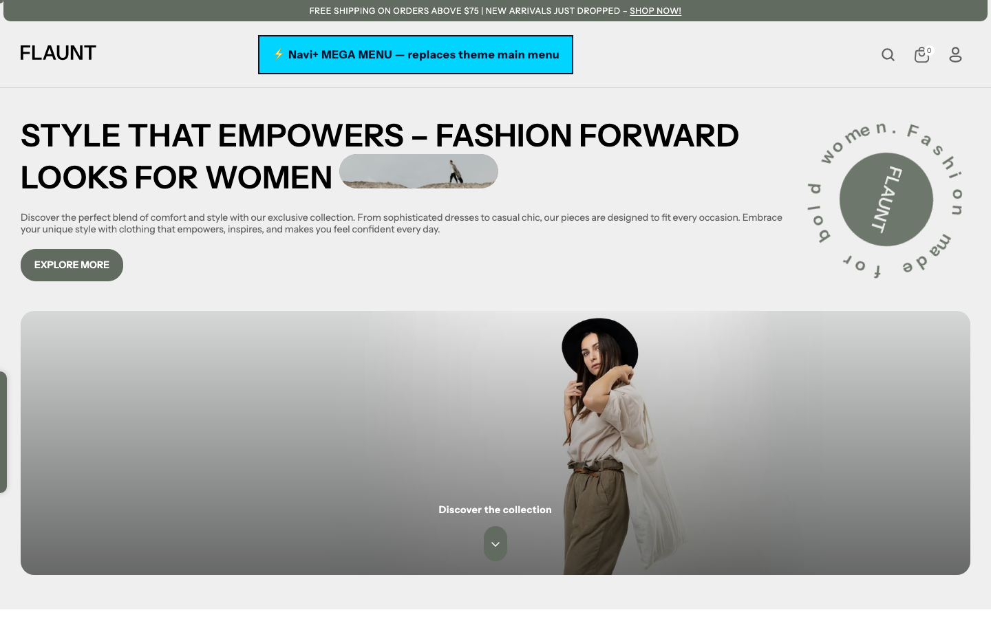 Replace main menu — Navi+ on the Flaunt Shopify theme Replace main menu — Navi+ on the Flaunt Shopify theme
