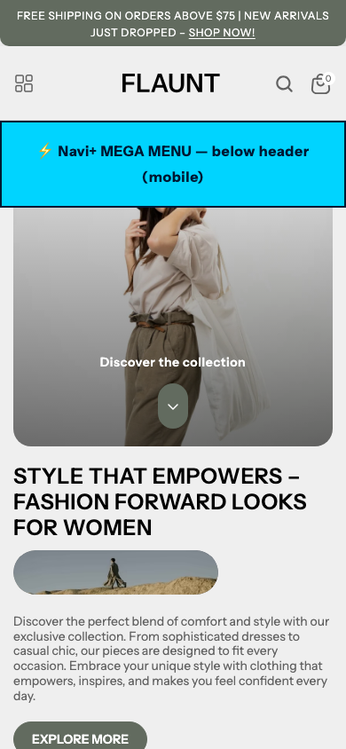 Menu inserted below header — Navi+ on the Flaunt Shopify theme Menu inserted below header — Navi+ on the Flaunt Shopify theme