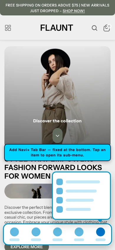 Navi+ Tab Bar on the Flaunt Shopify theme Navi+ Tab Bar on the Flaunt Shopify theme