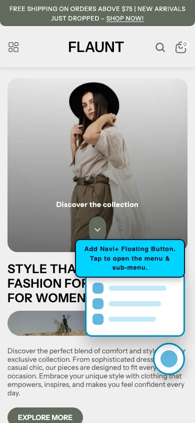 Navi+ FAB on the Flaunt Shopify theme Navi+ FAB on the Flaunt Shopify theme