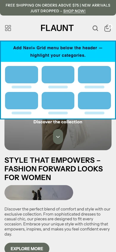 Navi+ Grid Menu on the Flaunt Shopify theme Navi+ Grid Menu on the Flaunt Shopify theme
