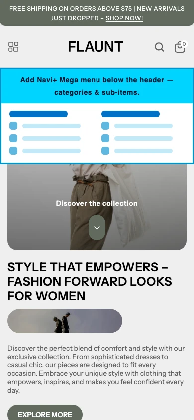 Navi+ mobile Mega Menu on the Flaunt Shopify theme Navi+ mobile Mega Menu on the Flaunt Shopify theme