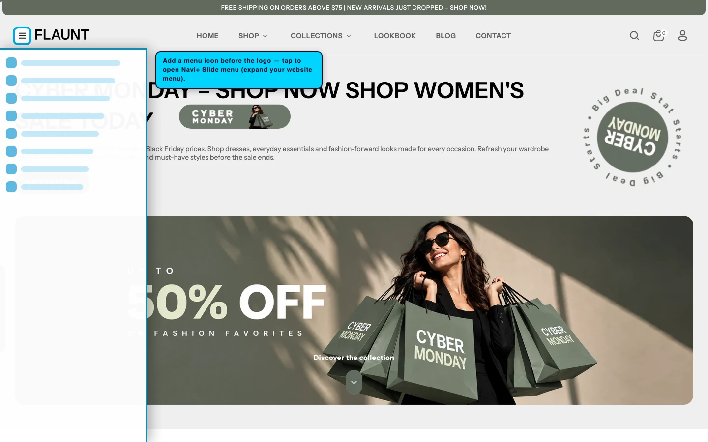 Navi+ trigger icon before the logo on the Flaunt Shopify theme Navi+ trigger icon before the logo on the Flaunt Shopify theme