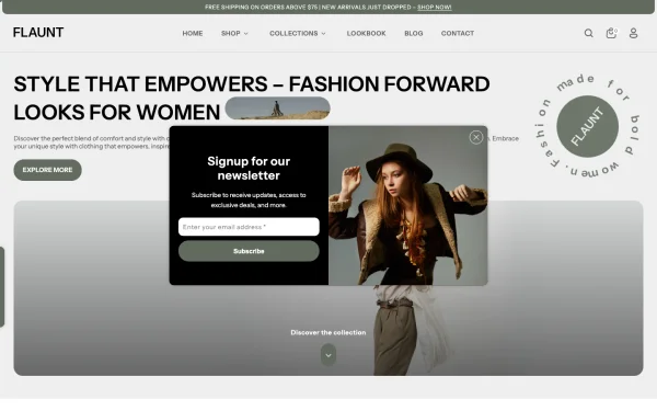 Full-page desktop screenshot of Shopify Flaunt theme demo store