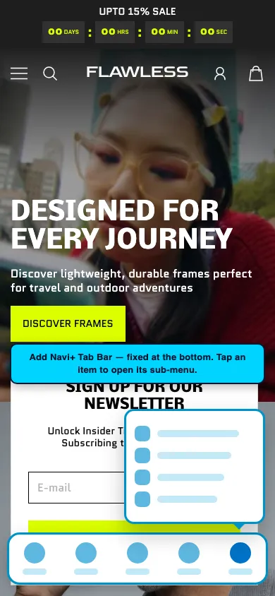 Navi+ Tab Bar on the Flawless Shopify theme Navi+ Tab Bar on the Flawless Shopify theme