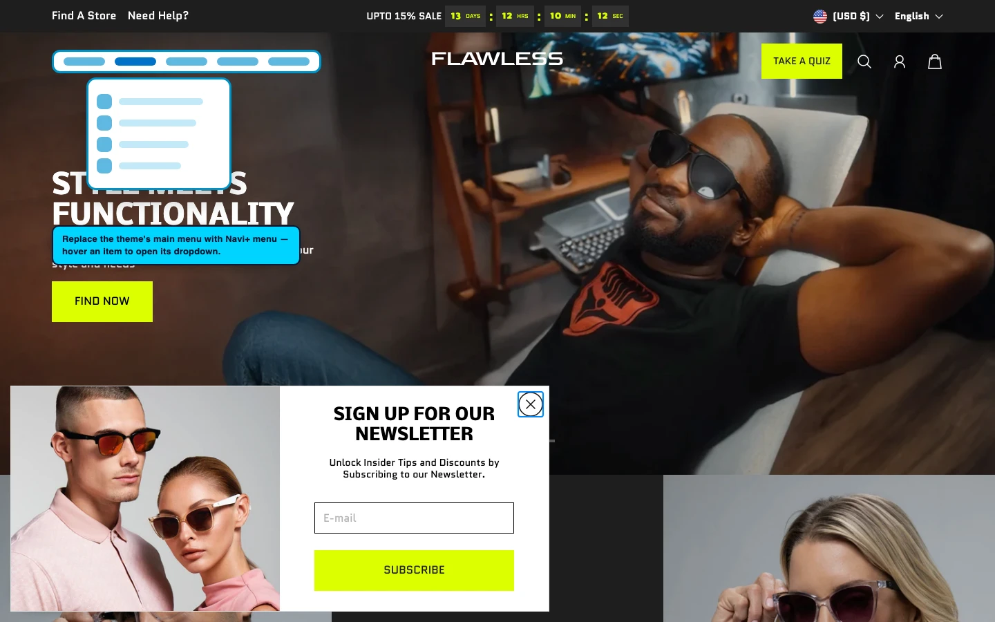 Navi+ Mega Menu replacing the desktop menu on the Flawless Shopify theme Navi+ Mega Menu replacing the desktop menu on the Flawless Shopify theme