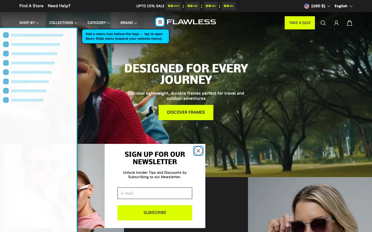 Navi+ trigger icon before the logo on the Flawless Shopify theme Navi+ trigger icon before the logo on the Flawless Shopify theme