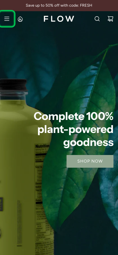 Hamburger → panel opened — Navi+ on the Flow Shopify theme