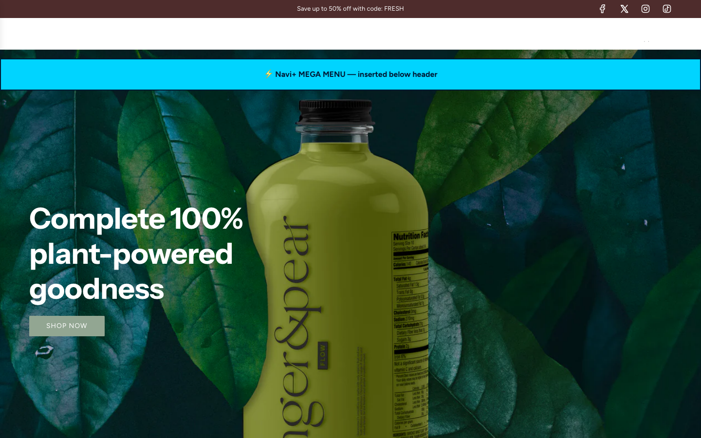 Menu inserted below header — Navi+ on the Flow Shopify theme