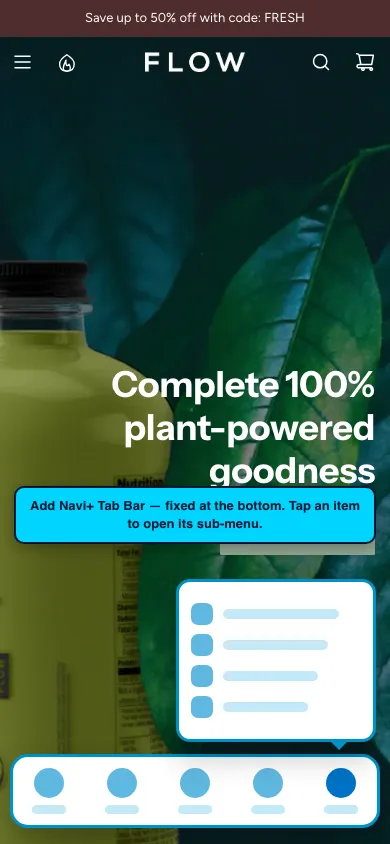 Navi+ Tab Bar on the Flow Shopify theme Navi+ Tab Bar on the Flow Shopify theme