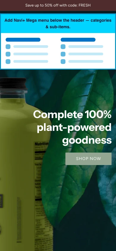Navi+ mobile Mega Menu on the Flow Shopify theme Navi+ mobile Mega Menu on the Flow Shopify theme