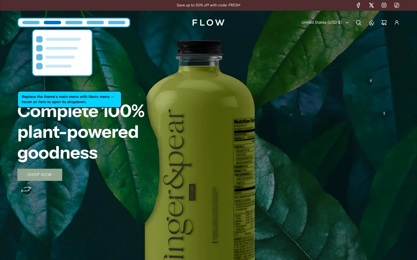 Navi+ Mega Menu replacing the desktop menu on the Flow Shopify theme