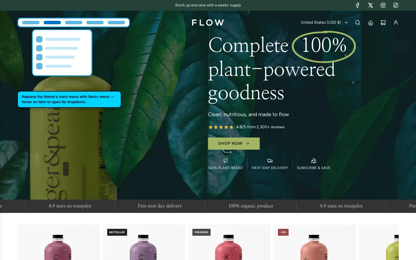 Navi+ Mega Menu replacing the desktop menu on the Flow Shopify theme Navi+ Mega Menu replacing the desktop menu on the Flow Shopify theme