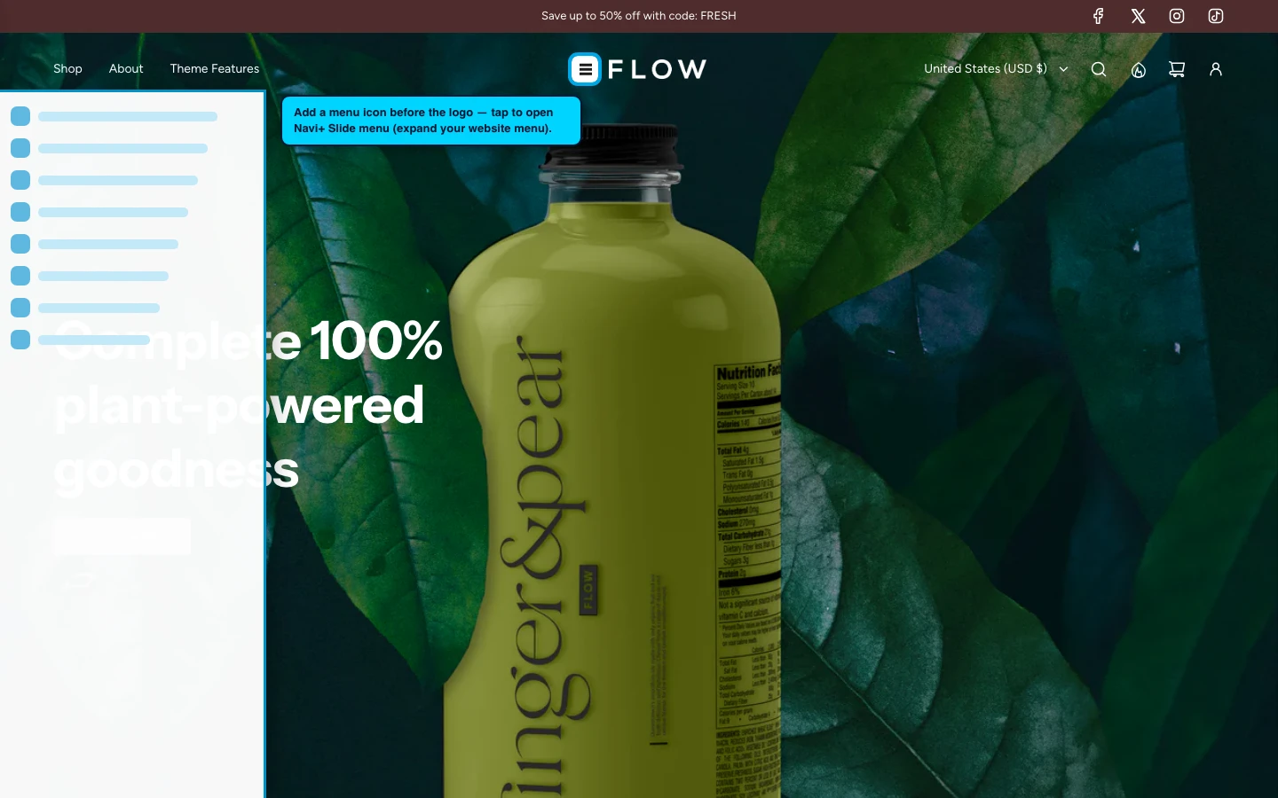 Navi+ trigger icon before the logo on the Flow Shopify theme Navi+ trigger icon before the logo on the Flow Shopify theme