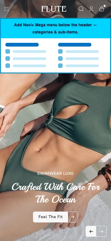 Navi+ mobile Mega Menu on the Flute Shopify theme Navi+ mobile Mega Menu on the Flute Shopify theme