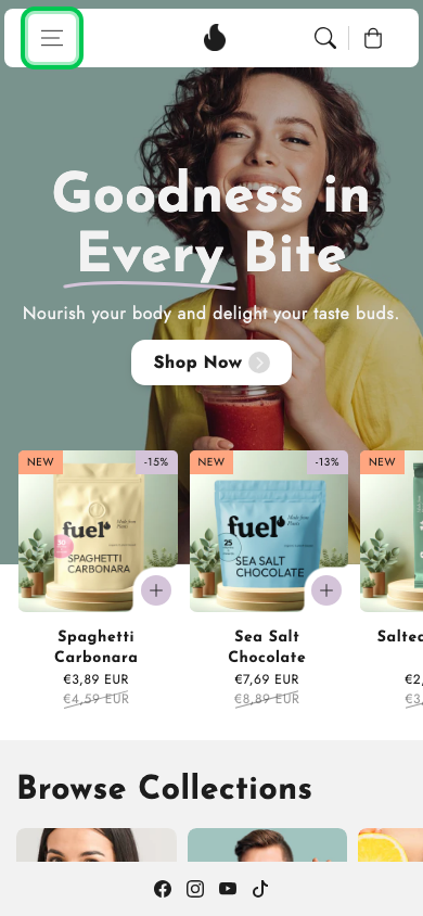 Hamburger → panel opened — Navi+ on the Flux Shopify theme