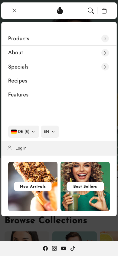 Hamburger → panel opened — Navi+ on the Flux Shopify theme