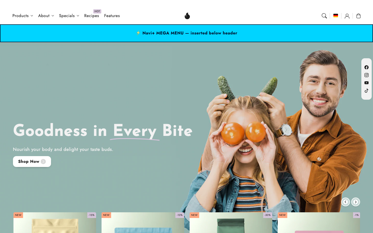 Menu inserted below header — Navi+ on the Flux Shopify theme