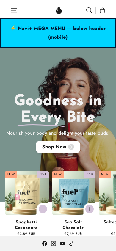 Menu inserted below header — Navi+ on the Flux Shopify theme