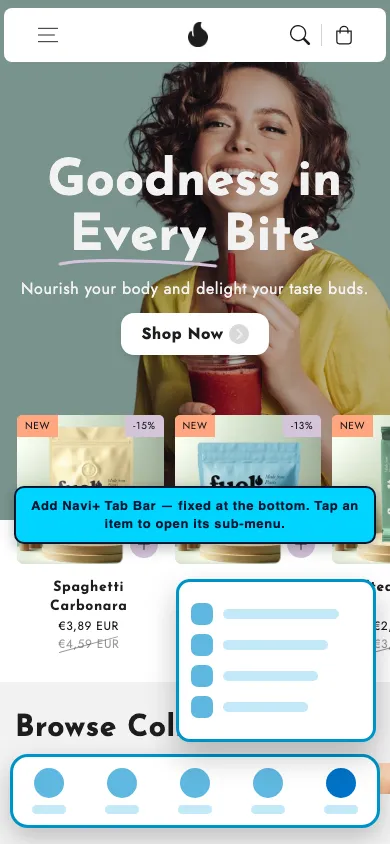 Navi+ Tab Bar on the Flux Shopify theme Navi+ Tab Bar on the Flux Shopify theme