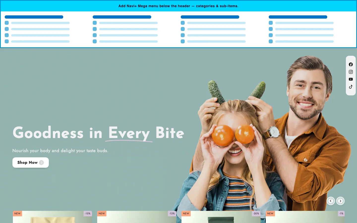 Navi+ Mega Menu inserted below the header on the Flux Shopify theme Navi+ Mega Menu inserted below the header on the Flux Shopify theme