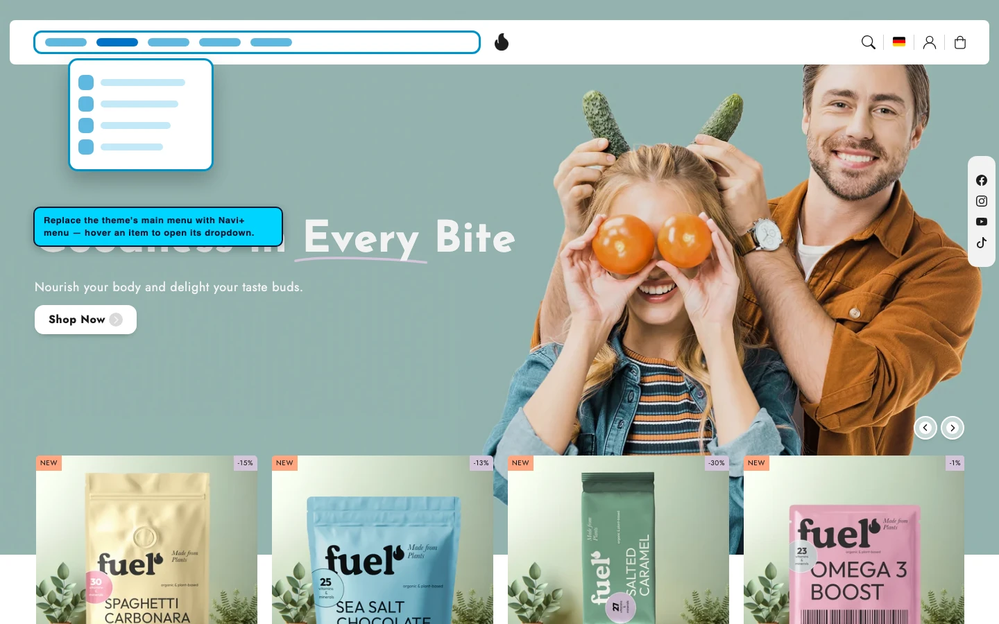 Navi+ Mega Menu replacing the desktop menu on the Flux Shopify theme Navi+ Mega Menu replacing the desktop menu on the Flux Shopify theme