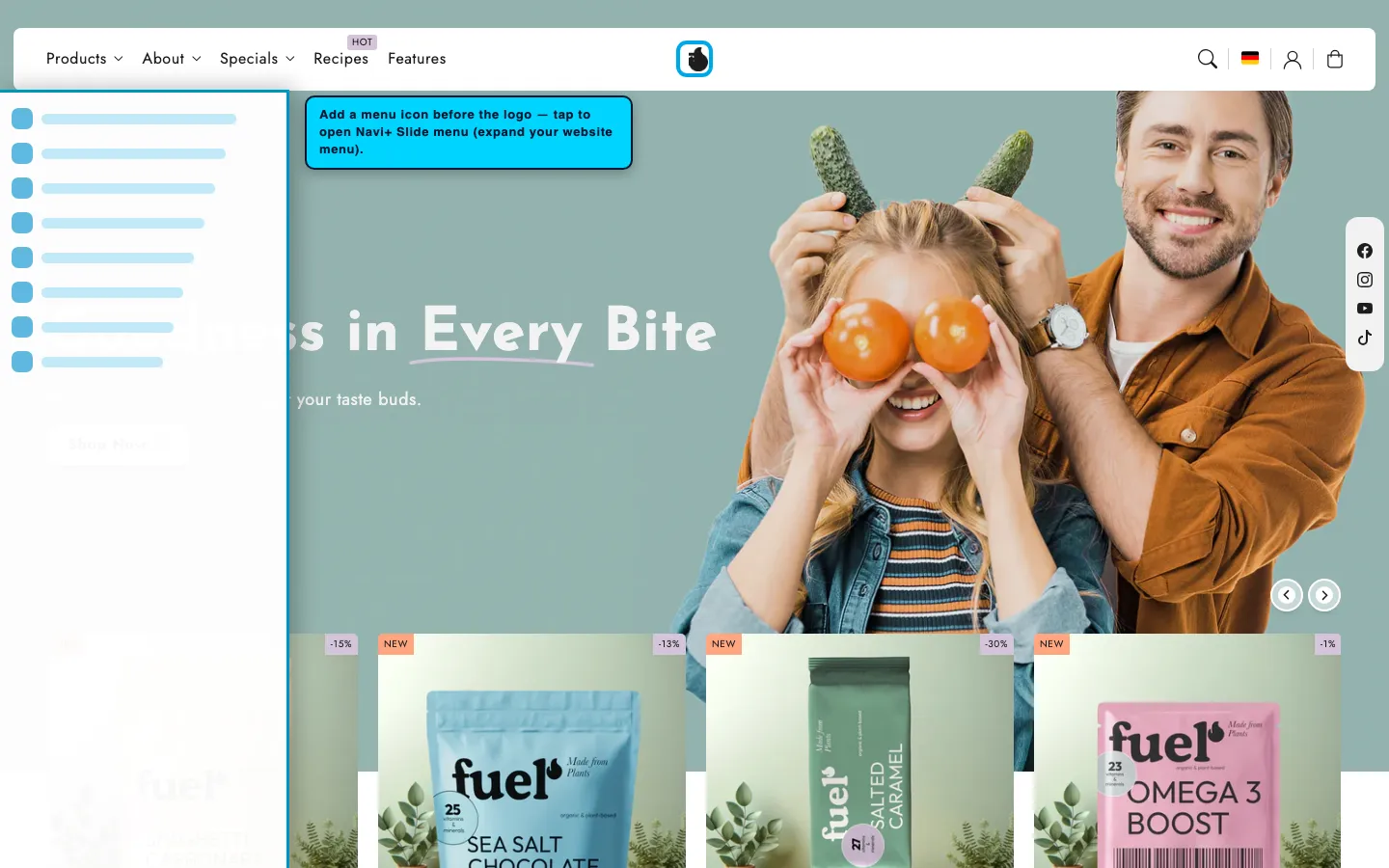 Navi+ trigger icon before the logo on the Flux Shopify theme Navi+ trigger icon before the logo on the Flux Shopify theme