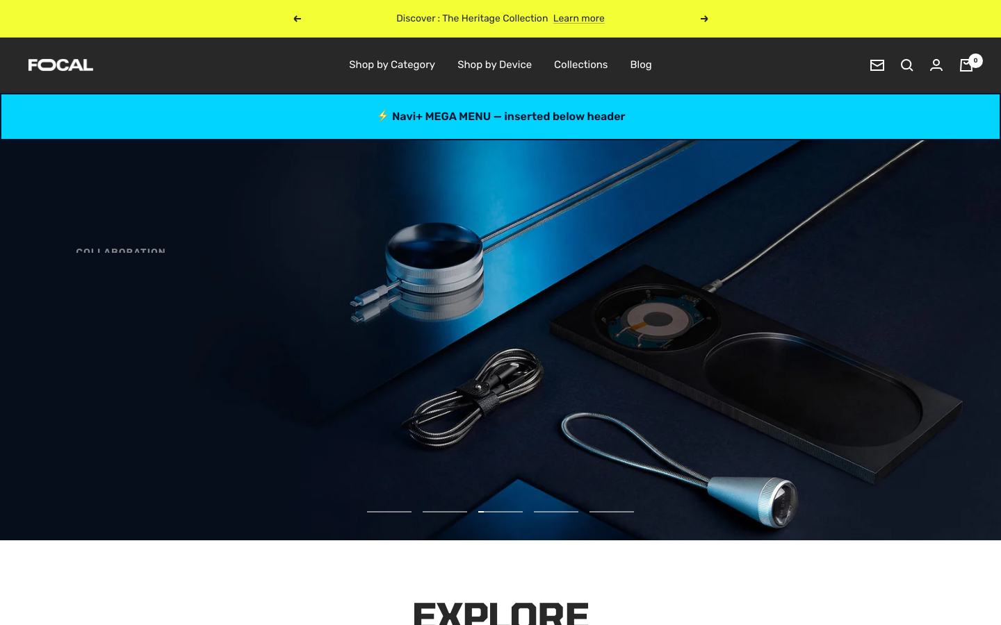 Menu inserted below header — Navi+ on the Focal Shopify theme Menu inserted below header — Navi+ on the Focal Shopify theme