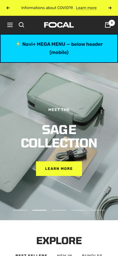 Menu inserted below header — Navi+ on the Focal Shopify theme Menu inserted below header — Navi+ on the Focal Shopify theme