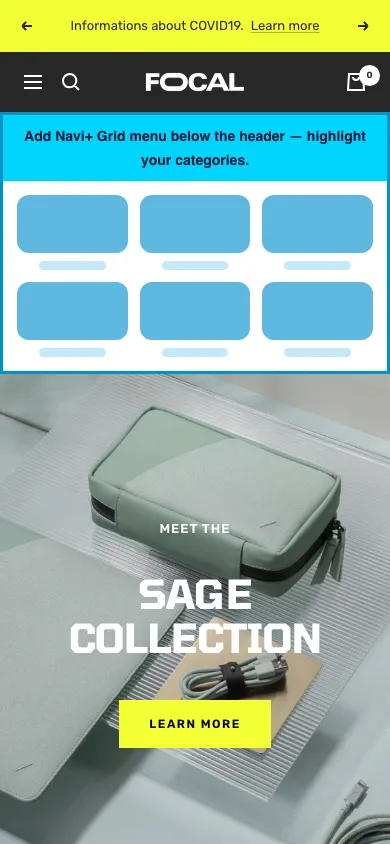 Navi+ Grid Menu on the Focal Shopify theme Navi+ Grid Menu on the Focal Shopify theme