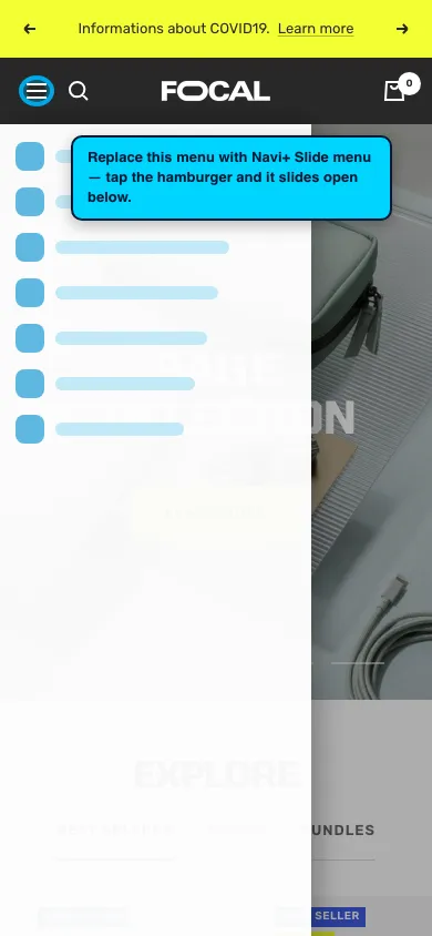 Navi+ Slide Menu on the Focal Shopify theme Navi+ Slide Menu on the Focal Shopify theme