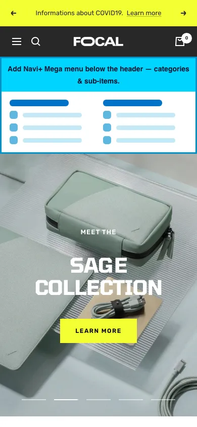 Navi+ mobile Mega Menu on the Focal Shopify theme Navi+ mobile Mega Menu on the Focal Shopify theme