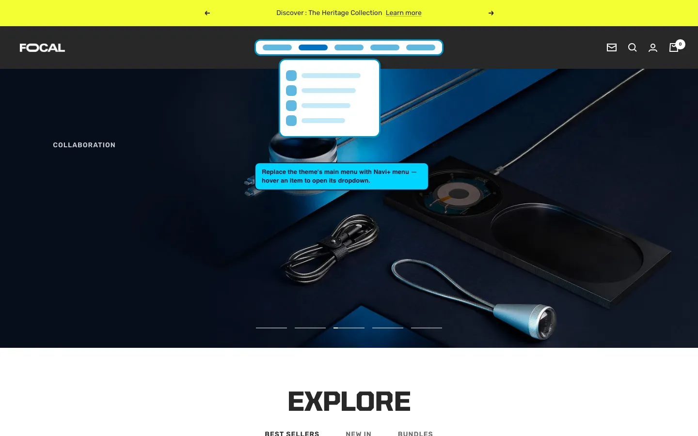 Navi+ Mega Menu replacing the desktop menu on the Focal Shopify theme Navi+ Mega Menu replacing the desktop menu on the Focal Shopify theme