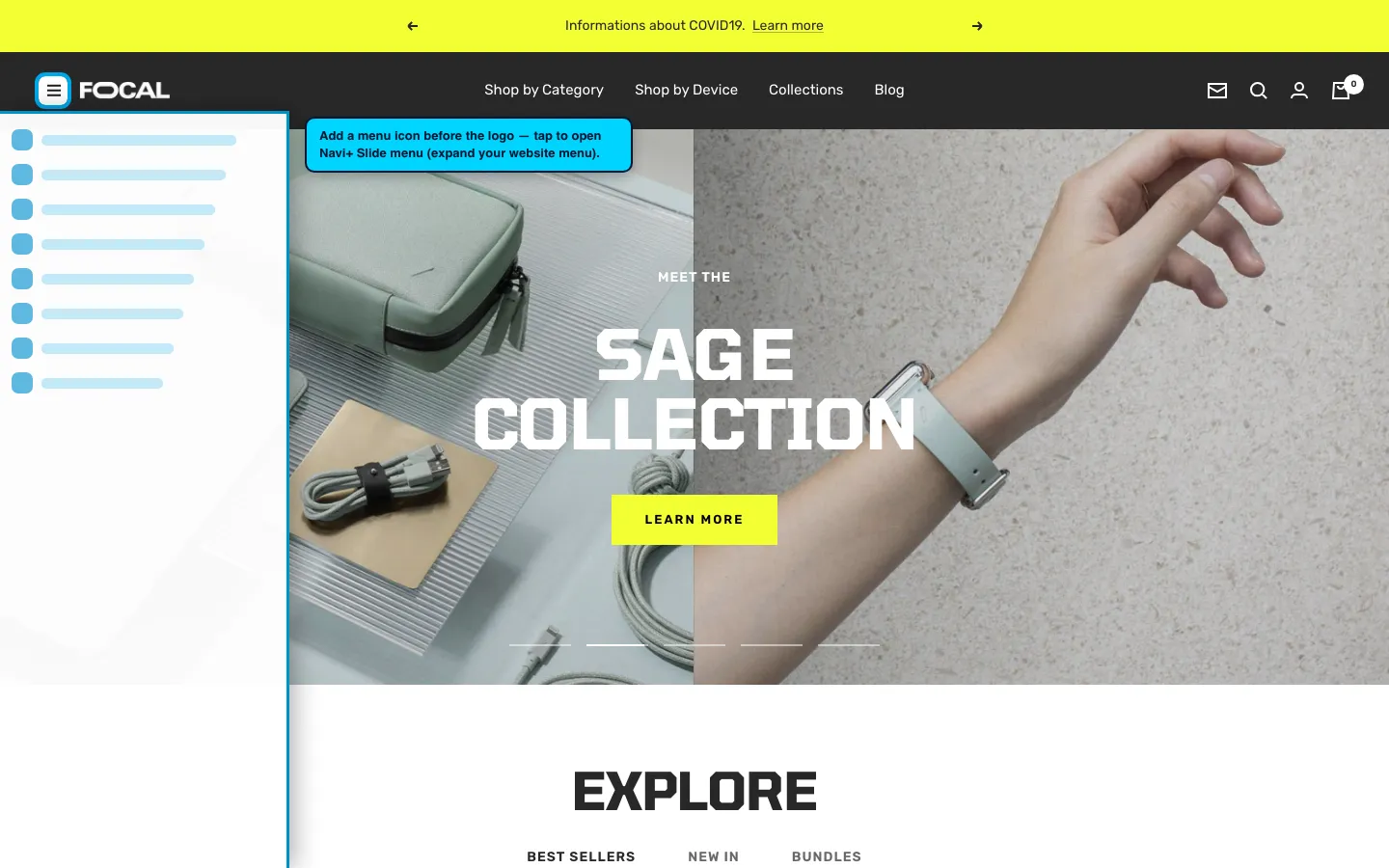 Navi+ trigger icon before the logo on the Focal Shopify theme Navi+ trigger icon before the logo on the Focal Shopify theme