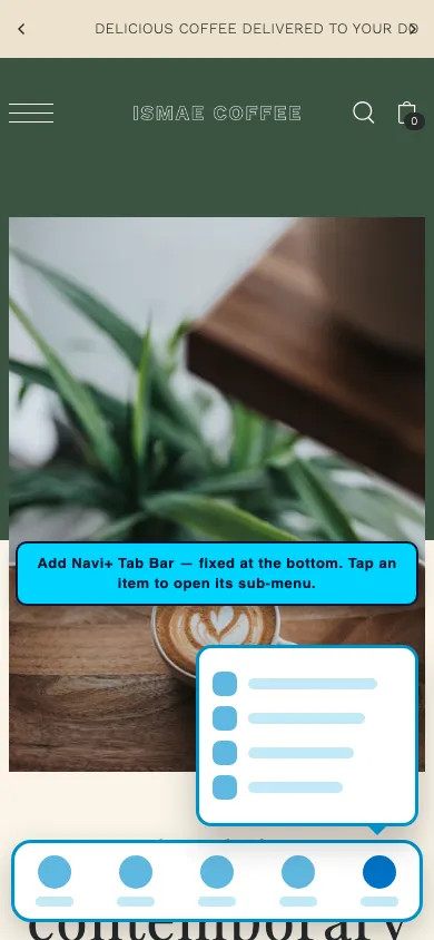 Navi+ Tab Bar on the Foodie Shopify theme Navi+ Tab Bar on the Foodie Shopify theme