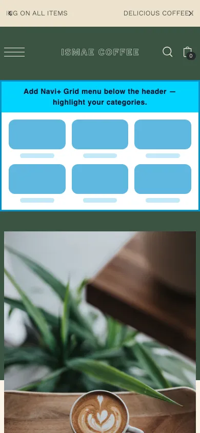 Navi+ Grid Menu on the Foodie Shopify theme Navi+ Grid Menu on the Foodie Shopify theme