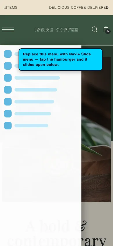 Navi+ Slide Menu on the Foodie Shopify theme Navi+ Slide Menu on the Foodie Shopify theme
