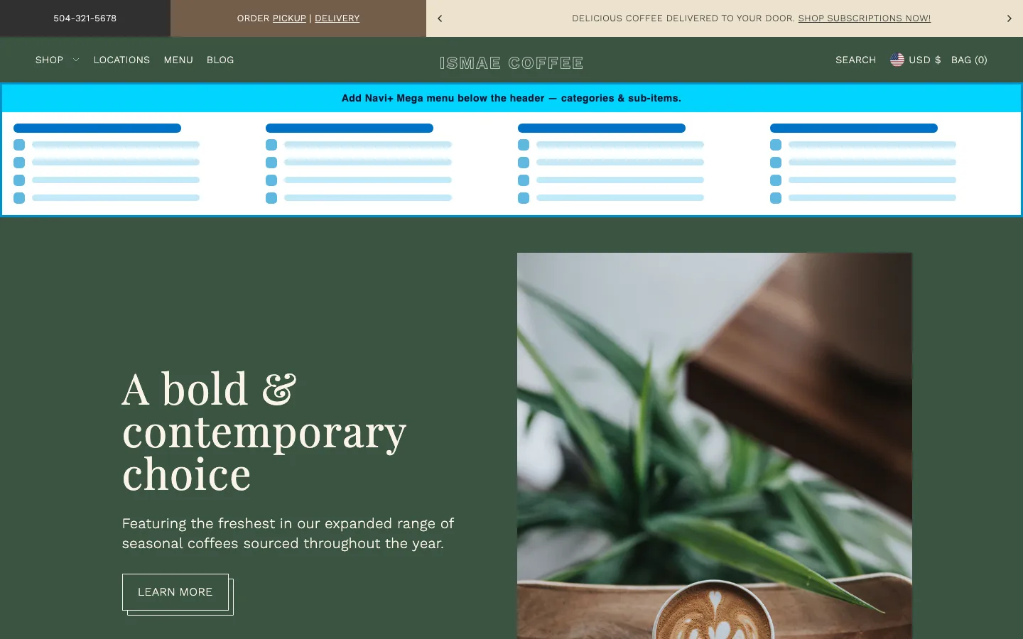 Navi+ Mega Menu inserted below the header on the Foodie Shopify theme Navi+ Mega Menu inserted below the header on the Foodie Shopify theme