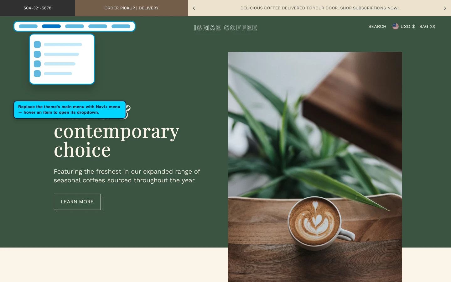Navi+ Mega Menu replacing the desktop menu on the Foodie Shopify theme