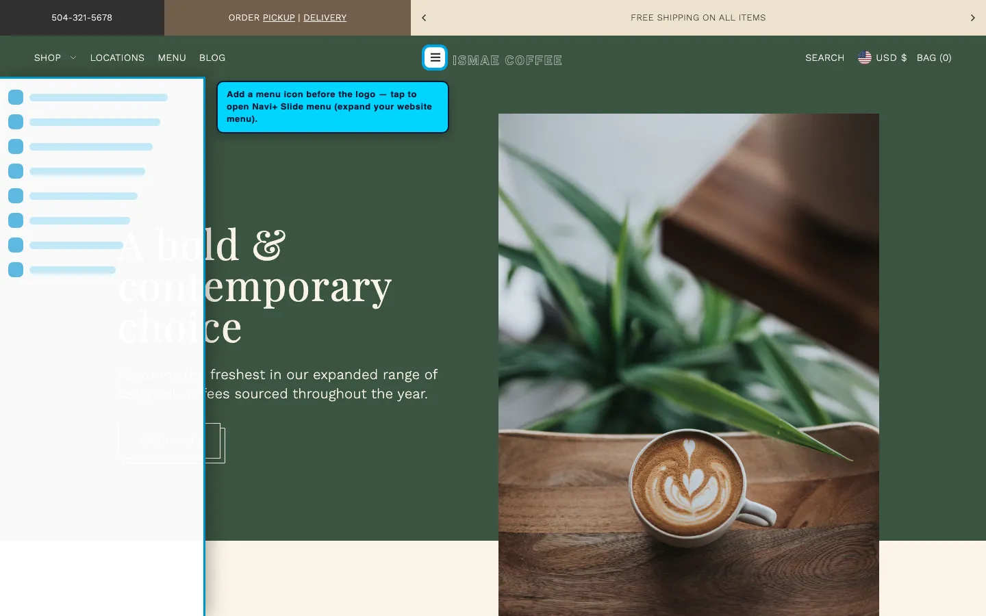 Navi+ trigger icon before the logo on the Foodie Shopify theme Navi+ trigger icon before the logo on the Foodie Shopify theme