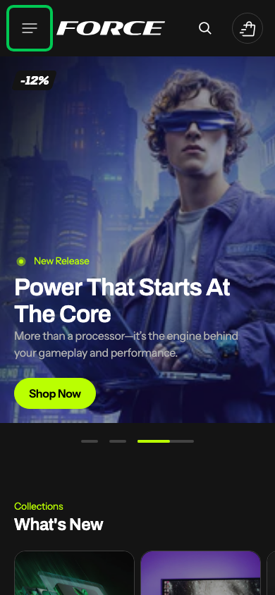 Hamburger → panel opened — Navi+ on the Force Shopify theme