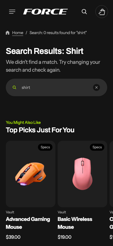 Search → panel opened — Navi+ on the Force Shopify theme