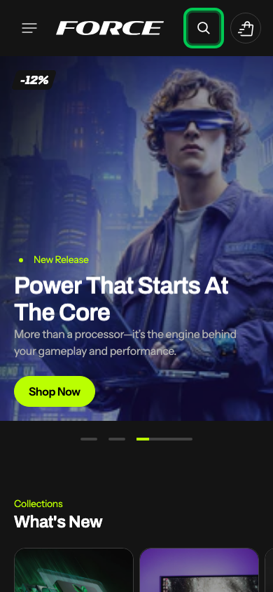 Search → panel opened — Navi+ on the Force Shopify theme