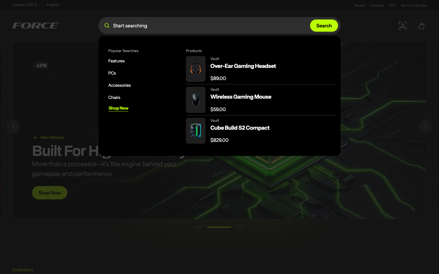 Search → panel opened — Navi+ on the Force Shopify theme