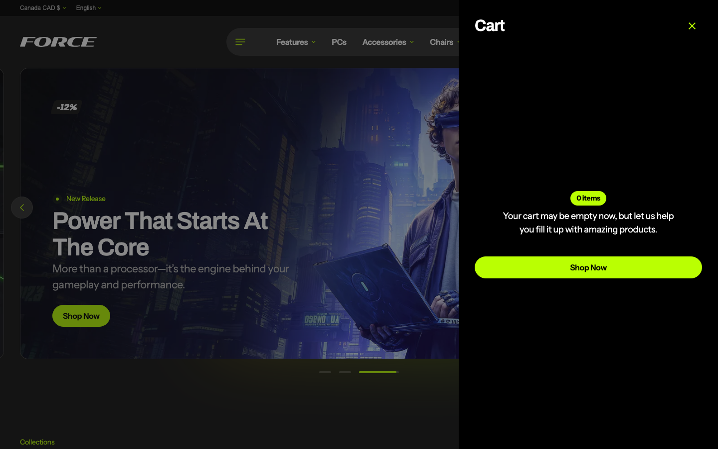 Cart → panel opened — Navi+ on the Force Shopify theme