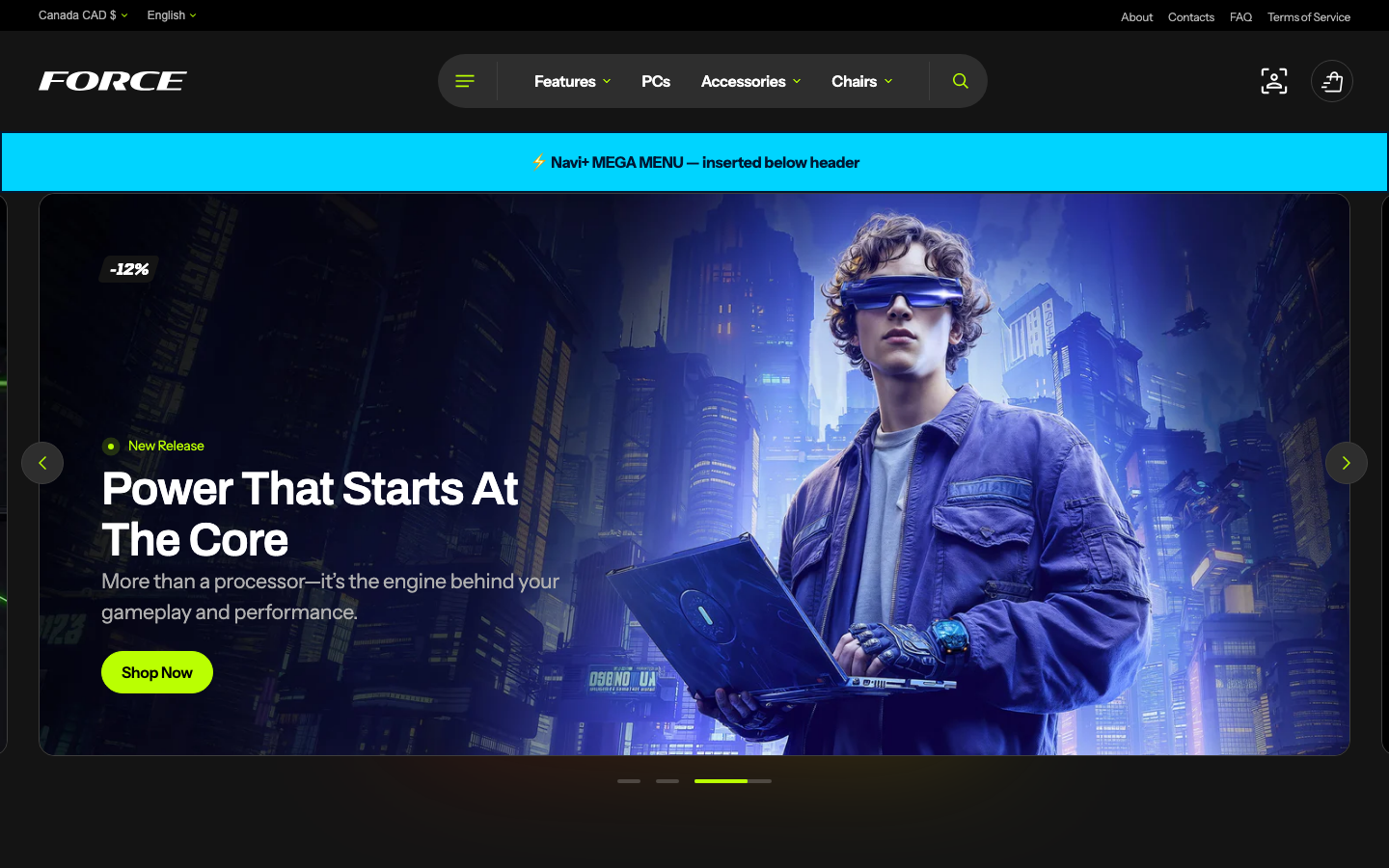 Menu inserted below header — Navi+ on the Force Shopify theme